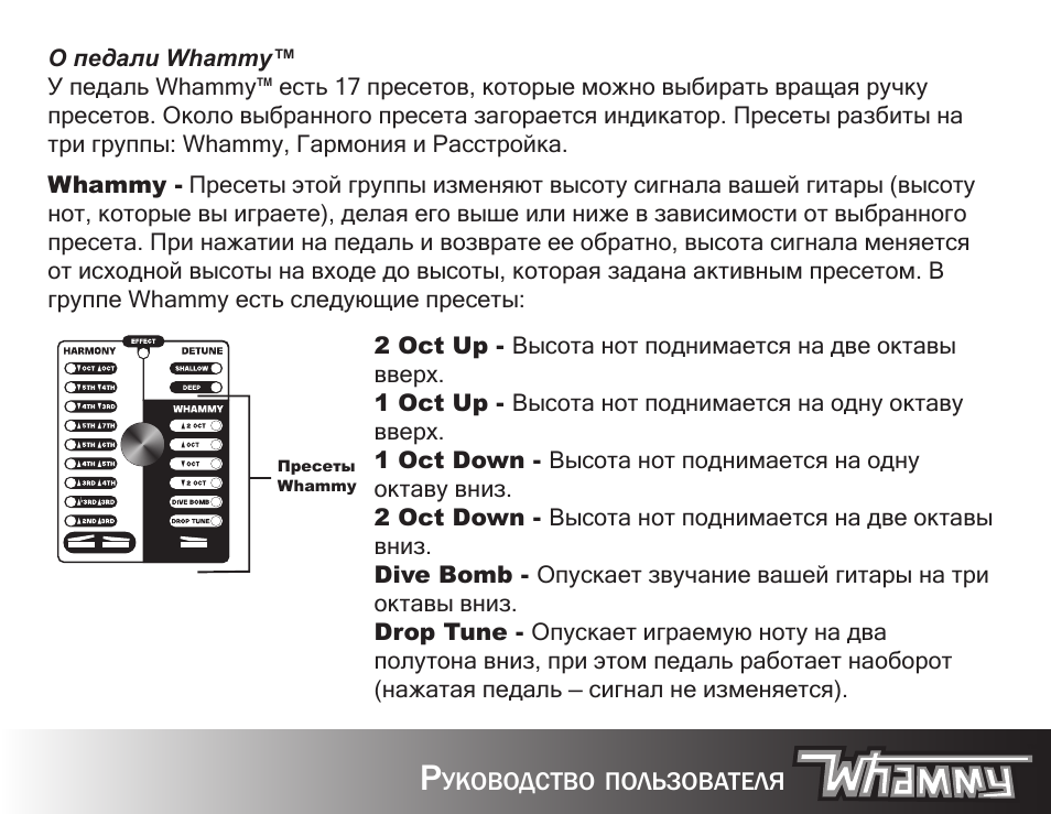Р уководство пользователя О педали Whammy...