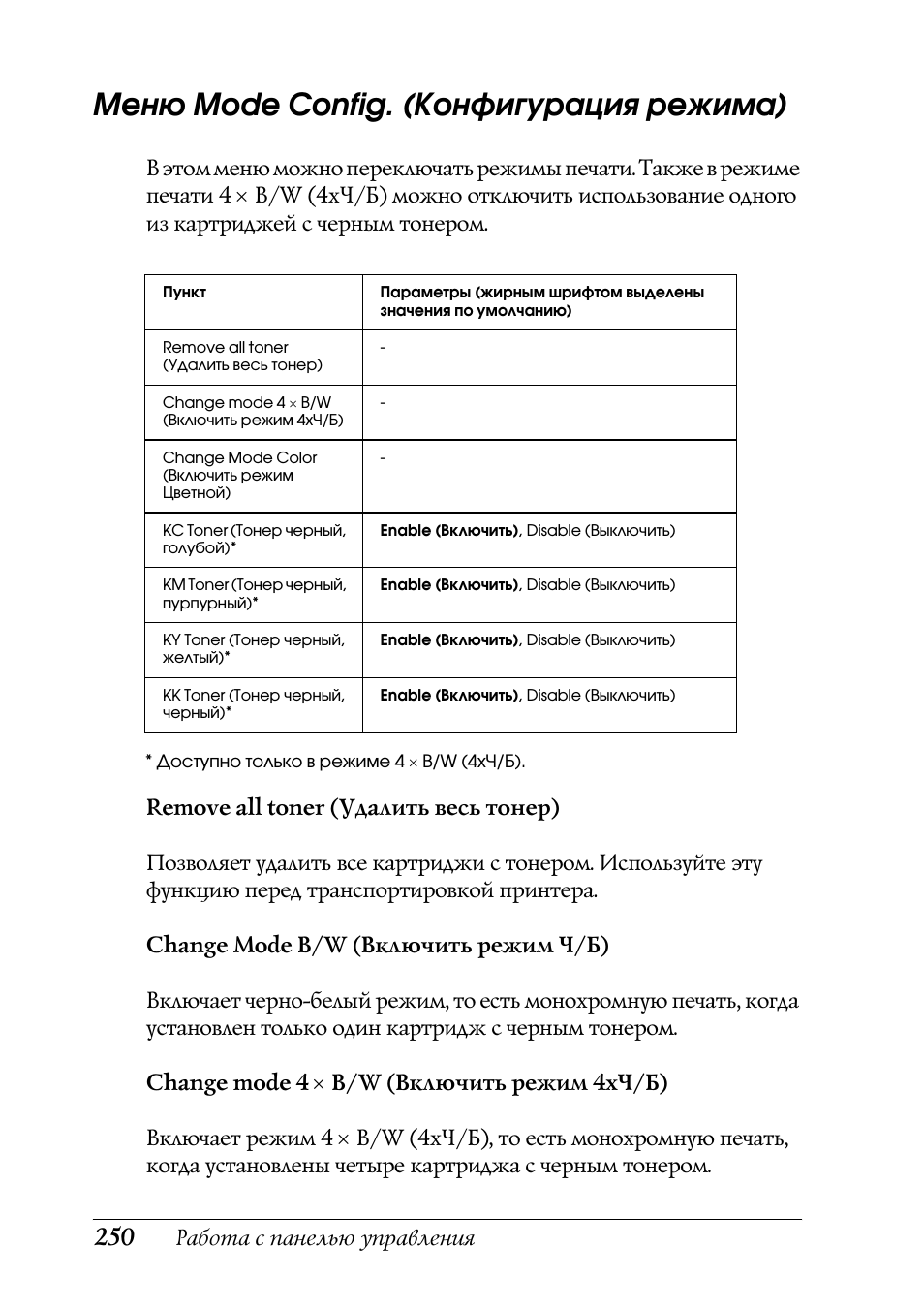 Меню mode config. (конфигурация режима), Работа с панелью управления