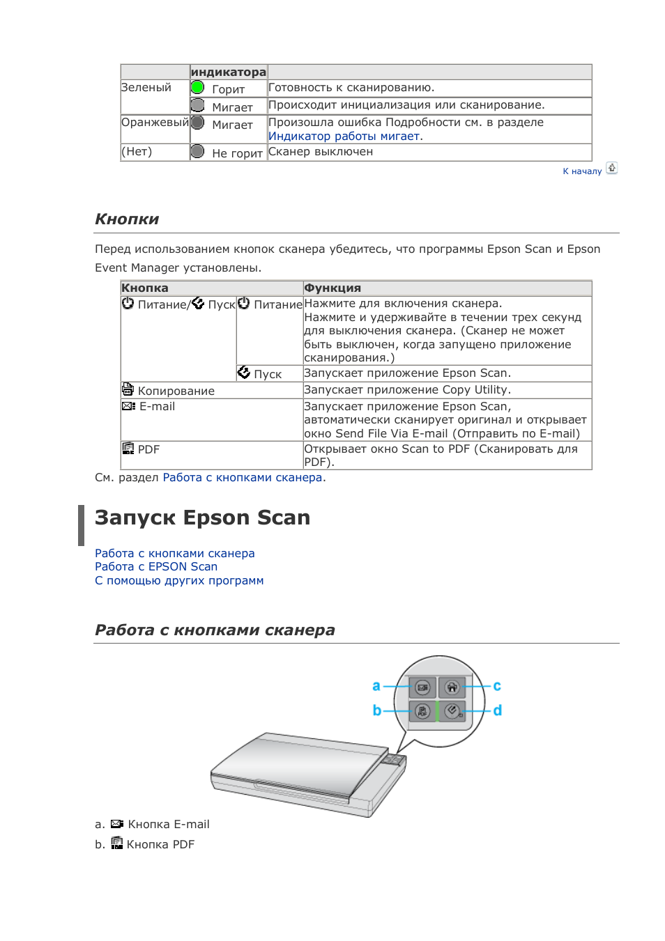 Запуск epson scan, Кнопки, Работа с кнопками сканера