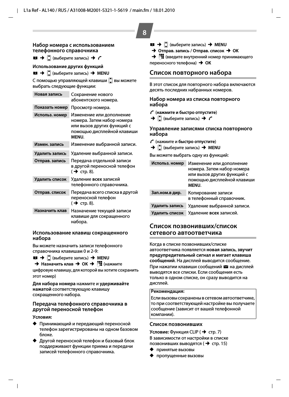 Список повторного набора, Список позвонивших/список сетевого автоответчика, Троенного автоответчика