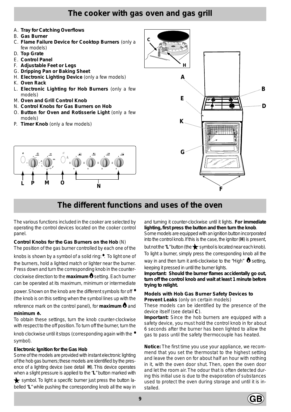 The cooker with gas oven and gas grill, The different functions and uses of the oven
