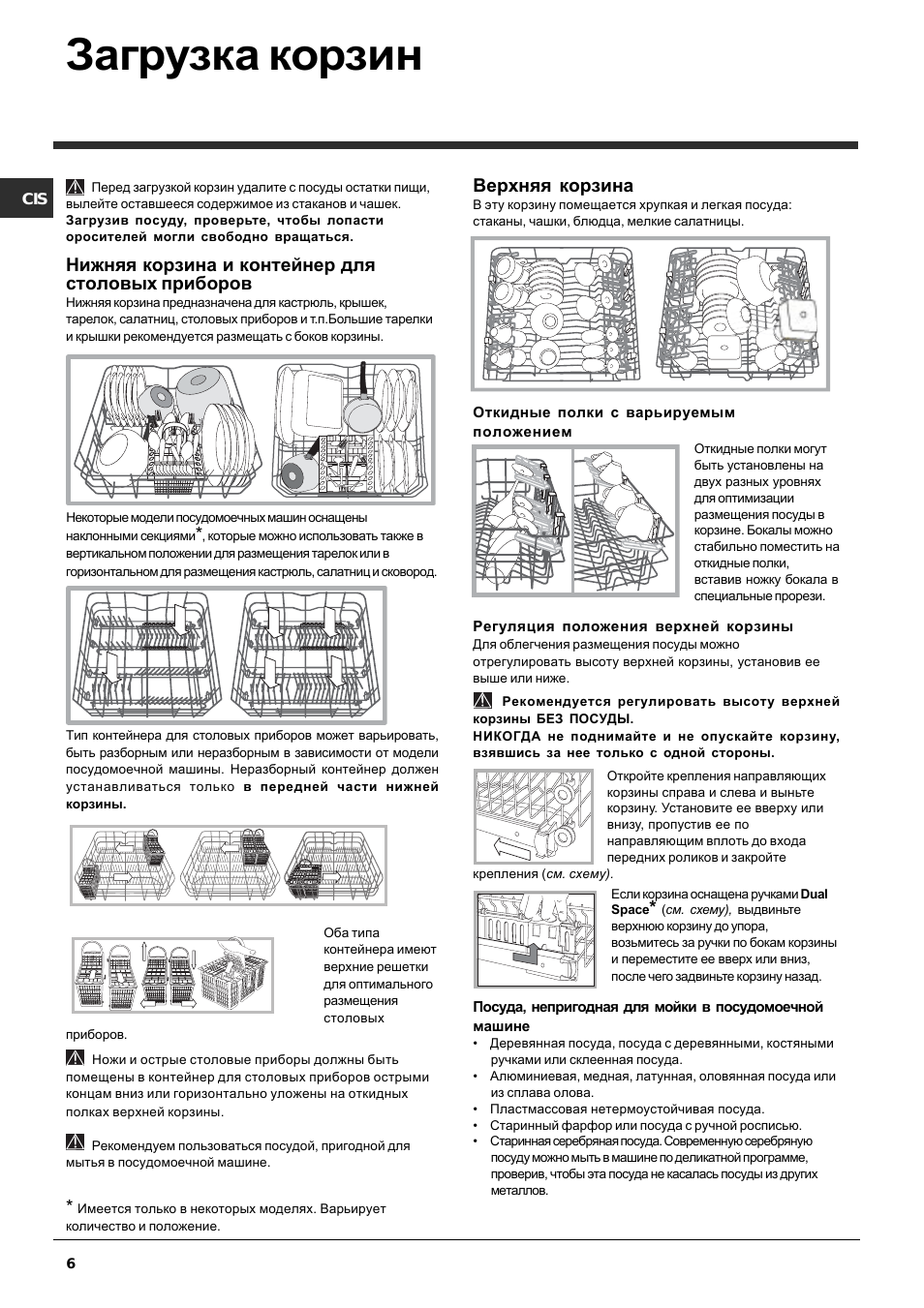 Загрузка корзин, Нижняя корзина и контейнер для столовых приборов, Верхняя корзина