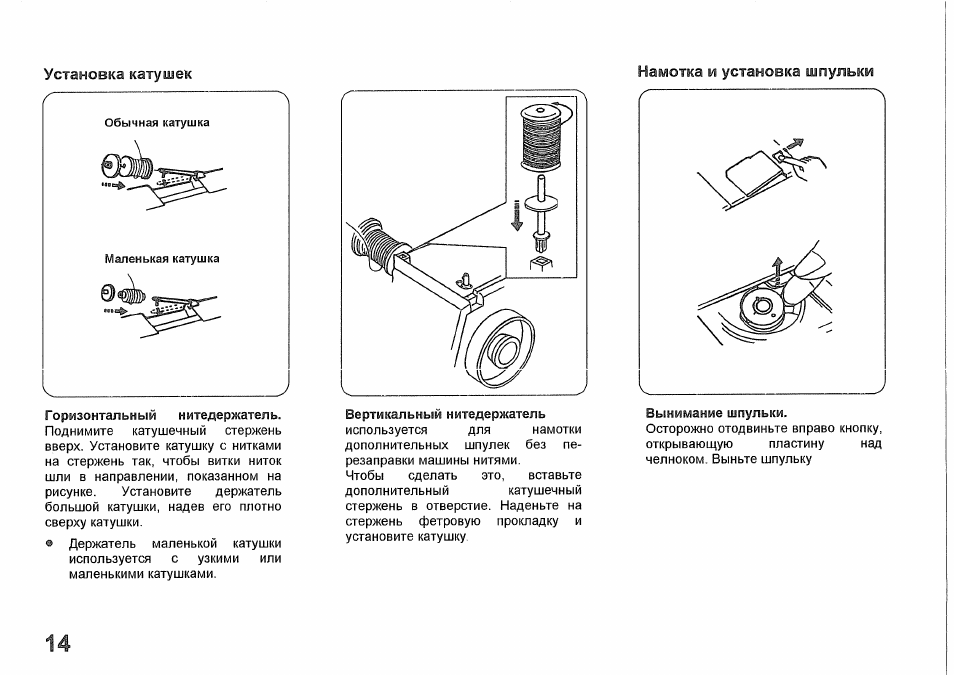 Установка катушек Намотка и установка шпульки Горизонтальный...