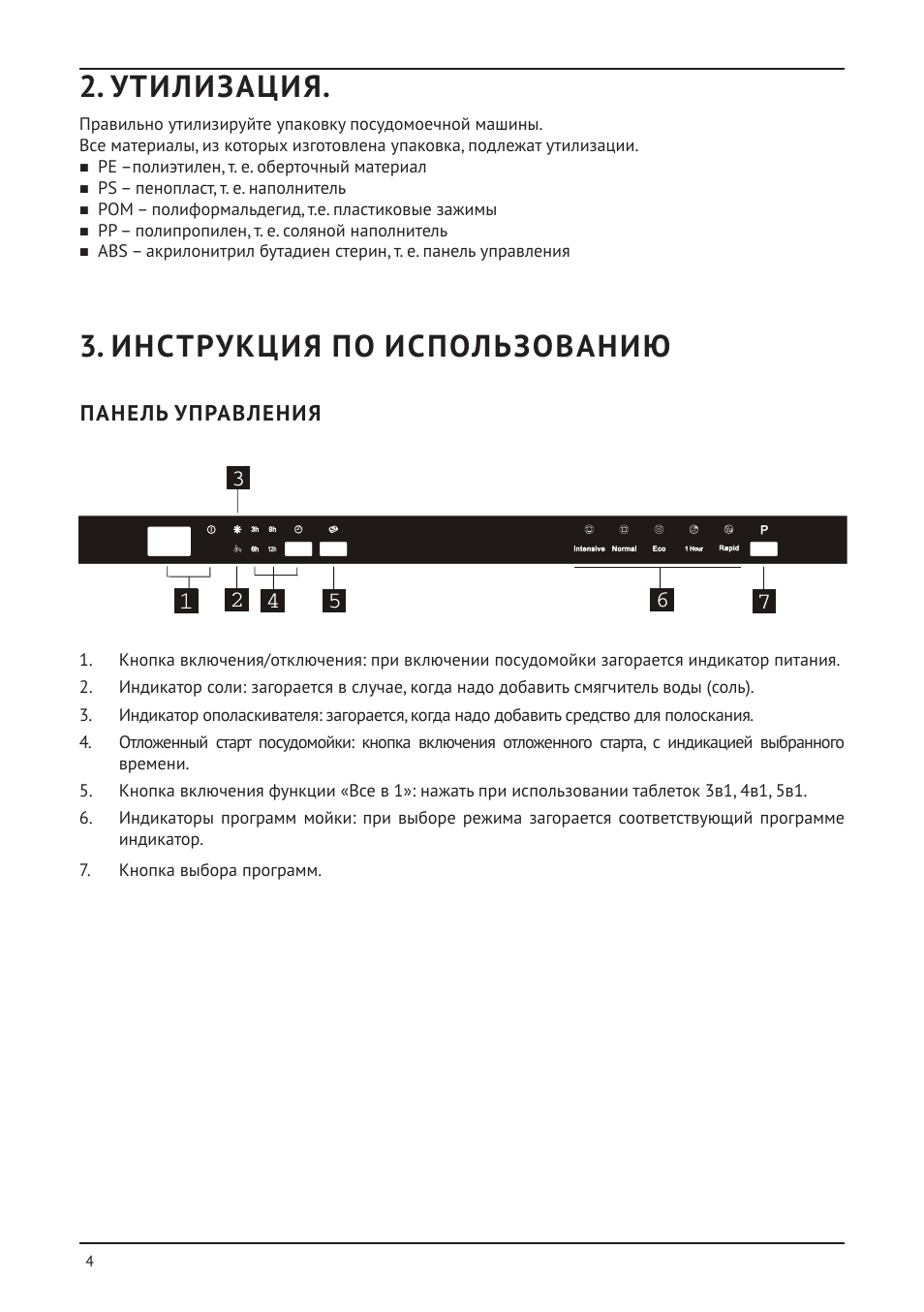 Утилизация, Инструкция по использованию, Панель управления