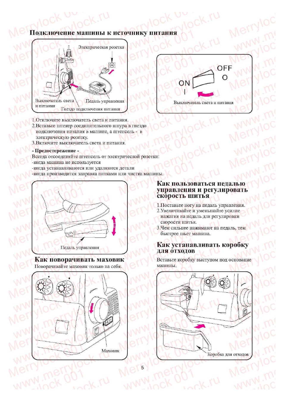 Подключение машины к источнику питания, Как устанавливать коробку для отходов, Как поворачивать маховик