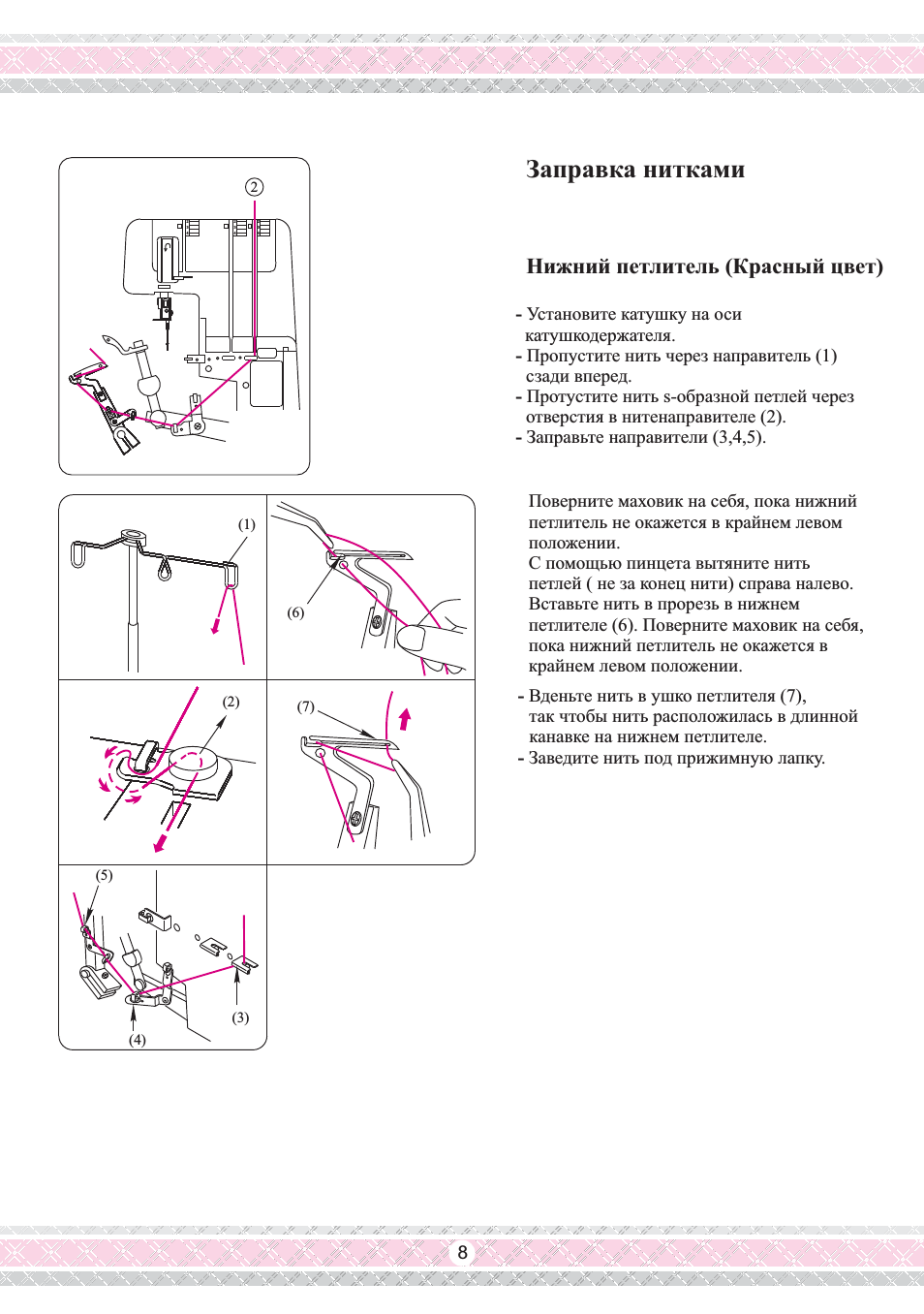 Заправка нитками, Нижний петлитель (красный цвет)