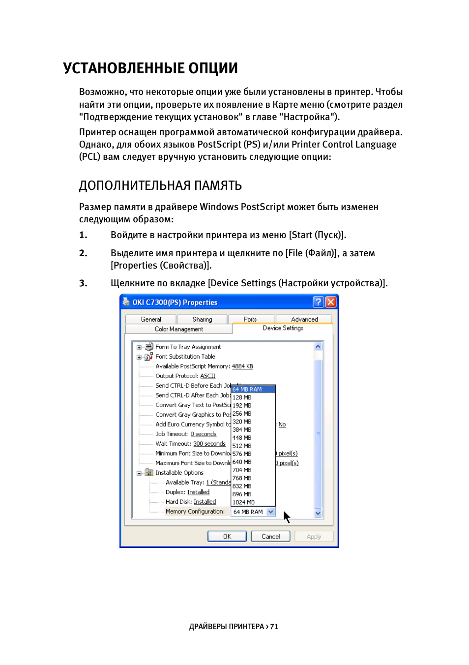 Установленные опции, Дополнительная память