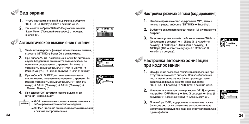 Вид экрана, Автоматическое выключение питания, Настройка режима записи (кодирования)