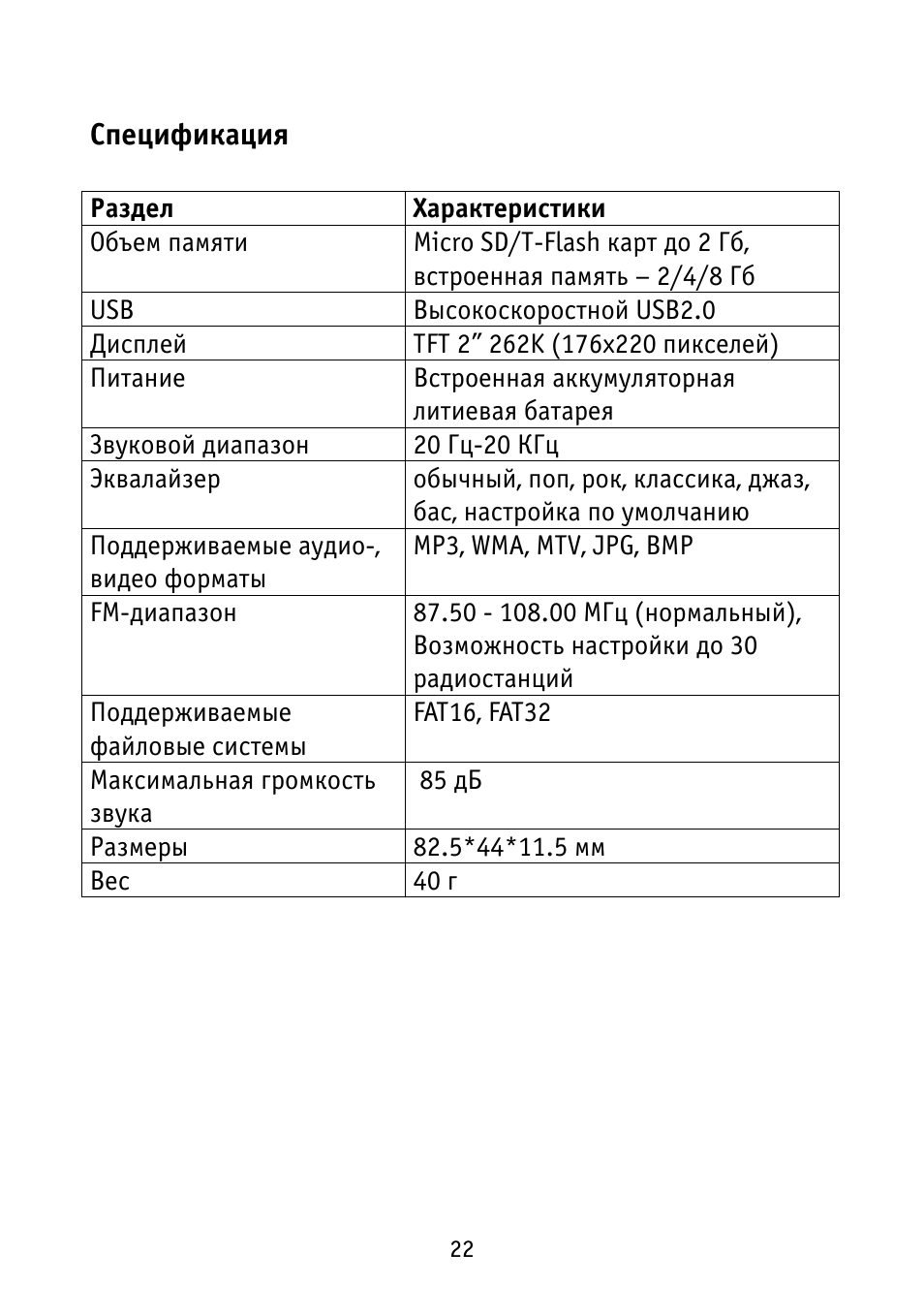 Спецификация     Раздел Характеристики Объем памяти  Micro S...