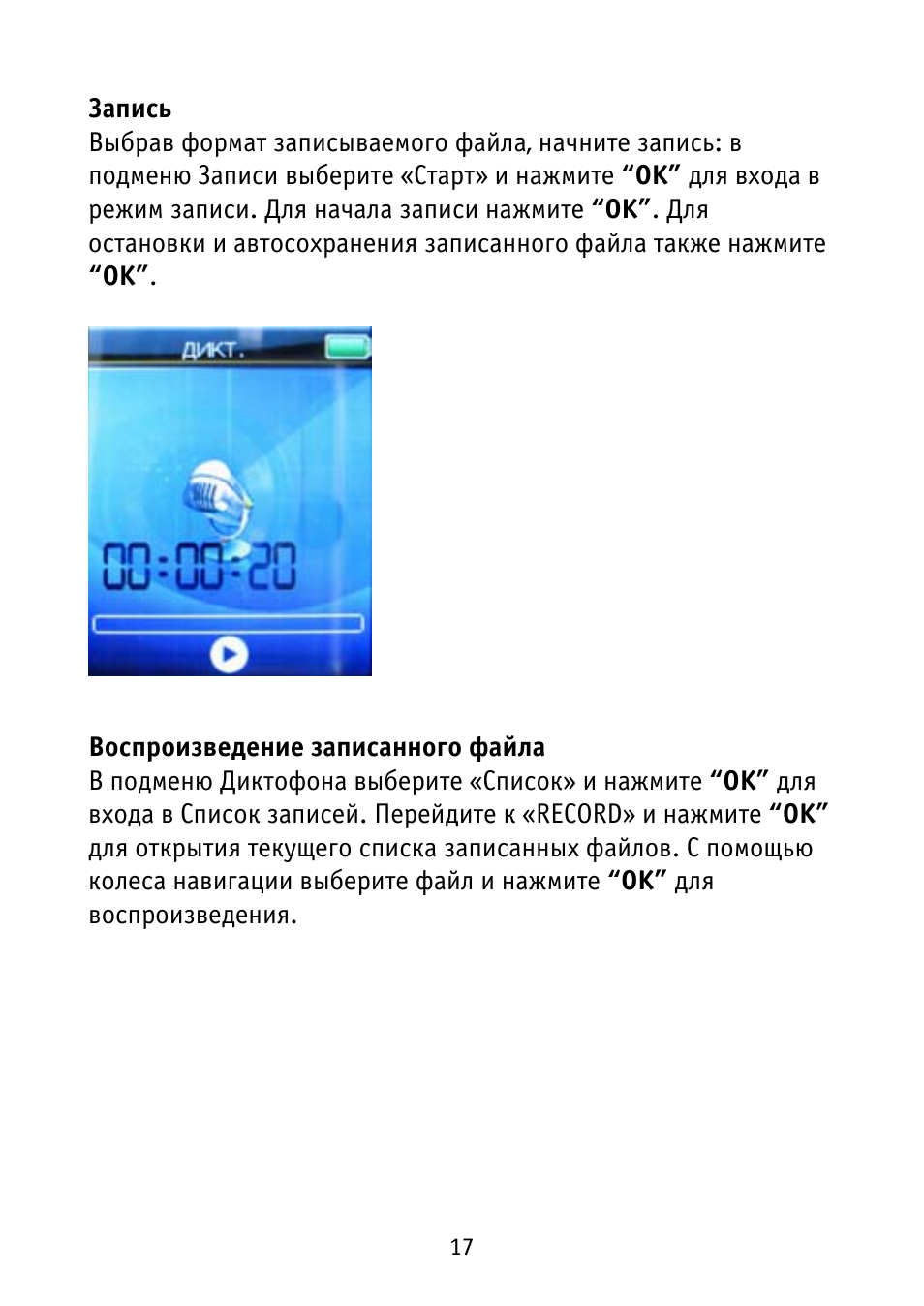 Запись Выбрав формат записываемого файла, начните запись: в ...