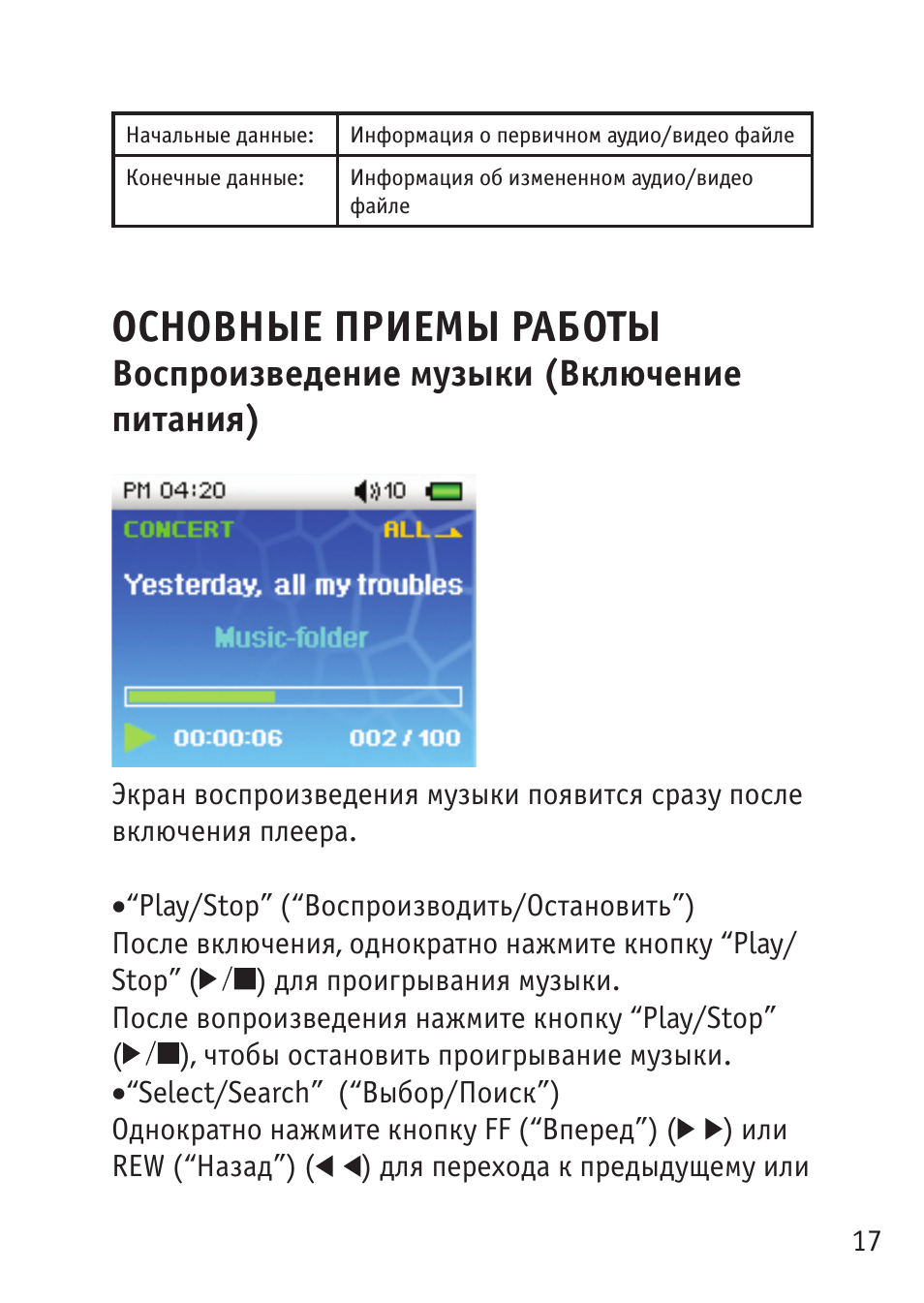 Основные приемы работы, Воспроизведение музыки (включение питания)