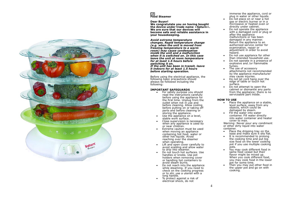   GB  Food Steamer   Dear Buyer...