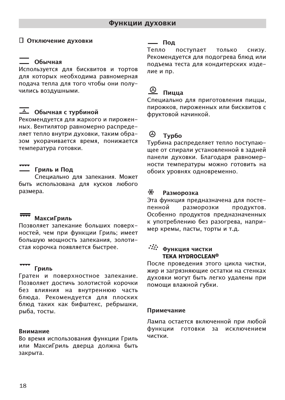 Функции духовки