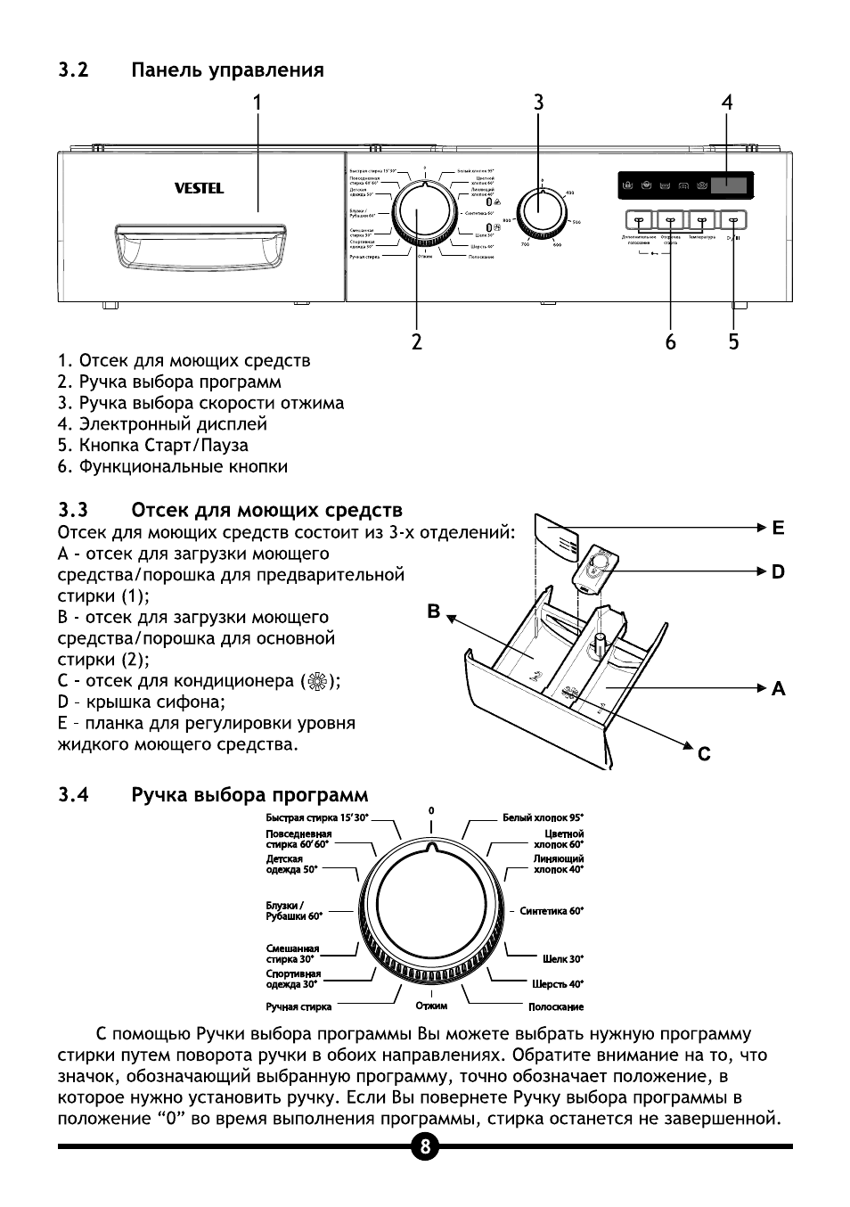 3 отсек для моющих средств, Ручка выбора программ, Отсек для моющих средств