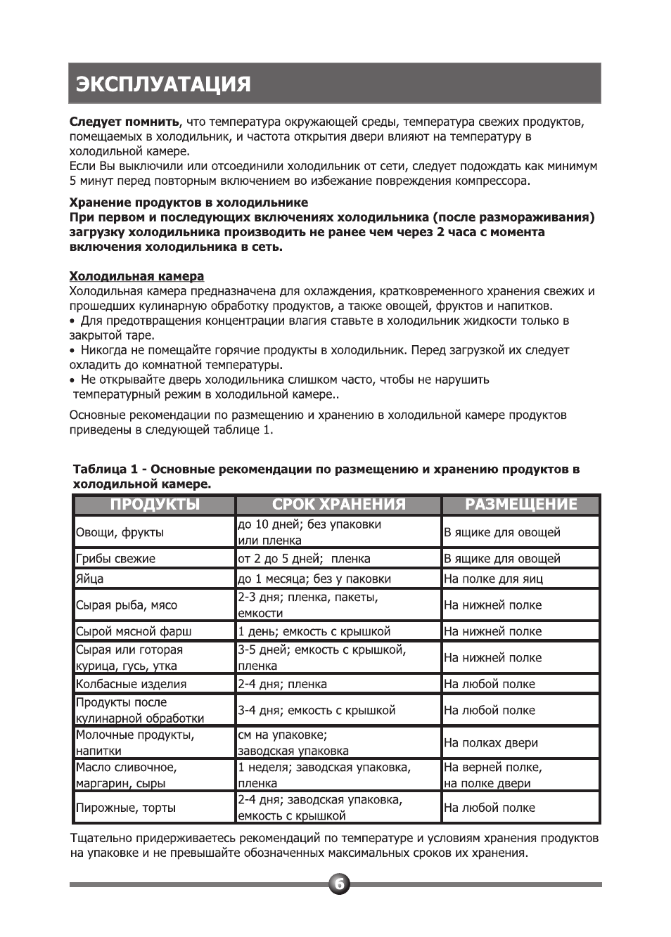 Холодильная камера, Эксплуатация, Продукты срок хранения размещение