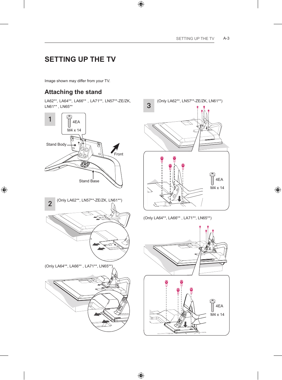 Setting up the tv, Attaching the stand
