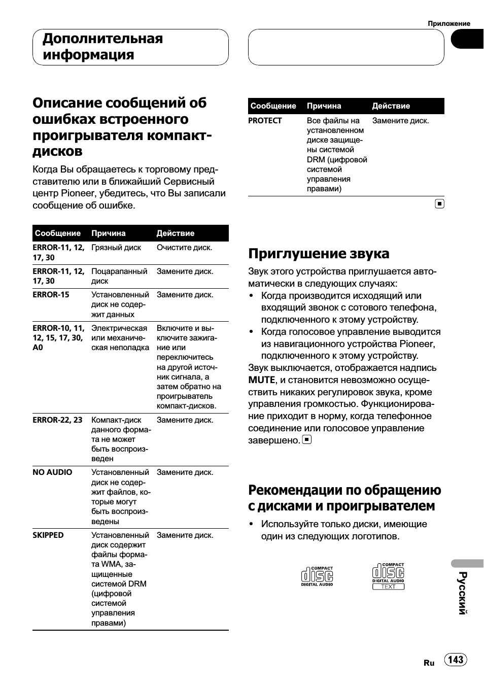 Дополнительнаяинформация, Описание сообщений об ошибках, Встроенного проигрывателя компакт