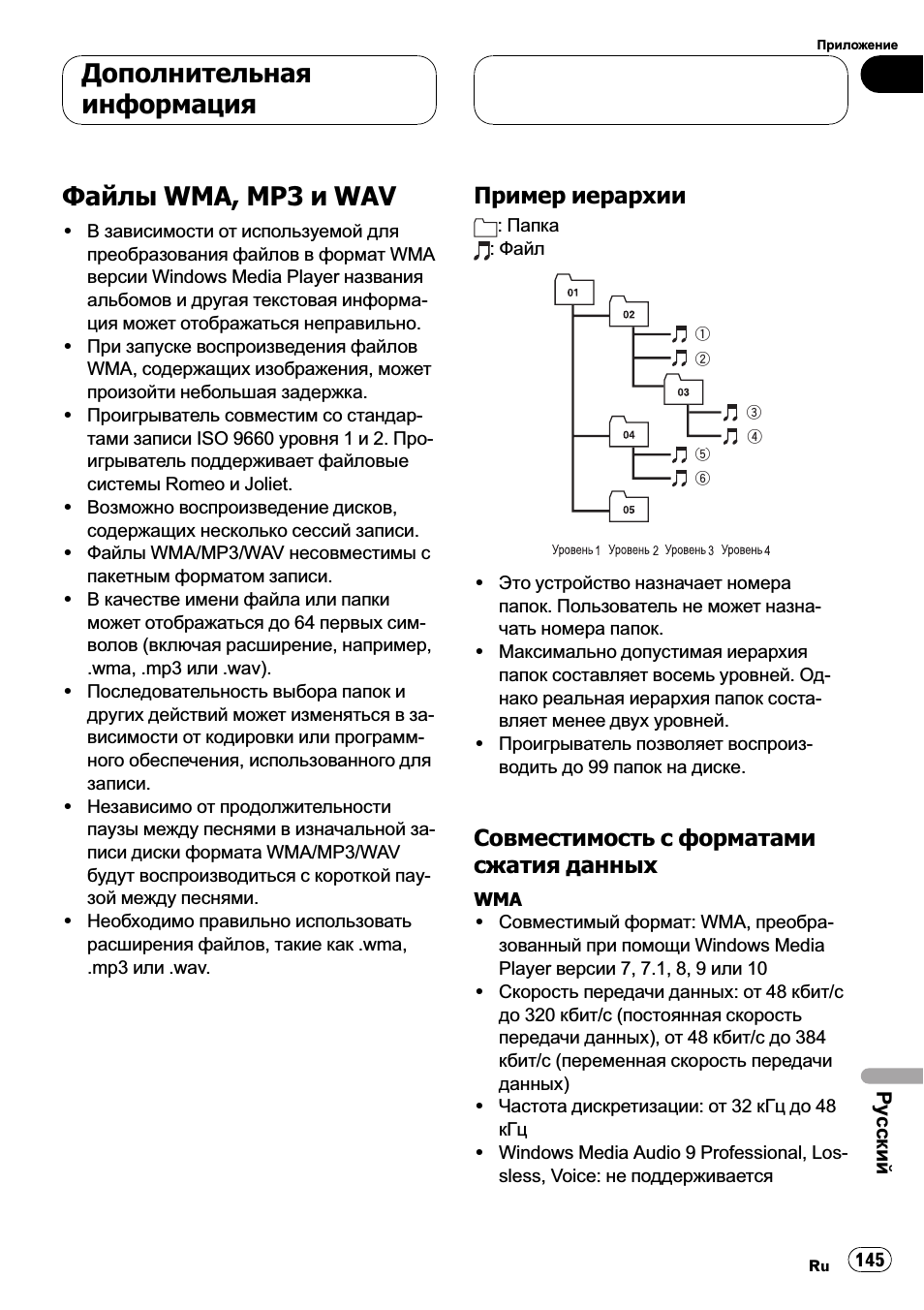 Файлы wma, mp3 и wav 145, Пример иерархии 145, Совместимость с форматами сжатия