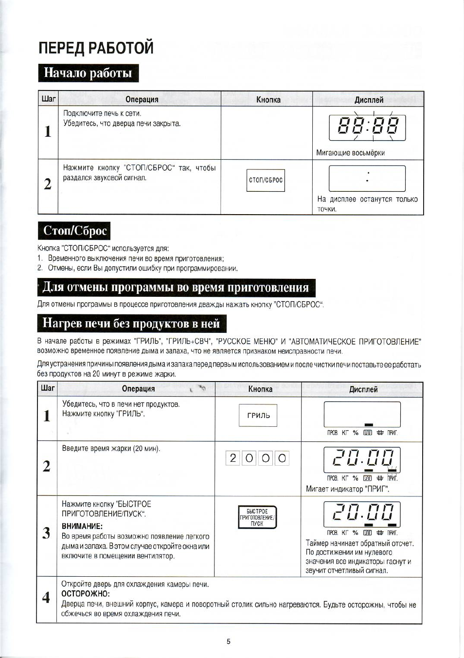 Перед работой, Начало работы, Стоп/сброс