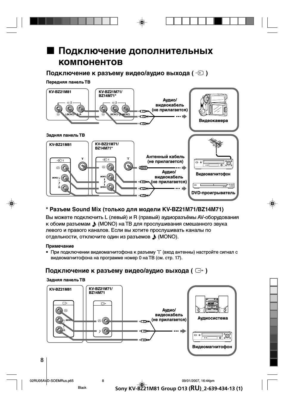 Подключение дополнительных компонентов, X подключение дополнительных компонентов, Подключение к разъему видео/aудио выхода ( t )