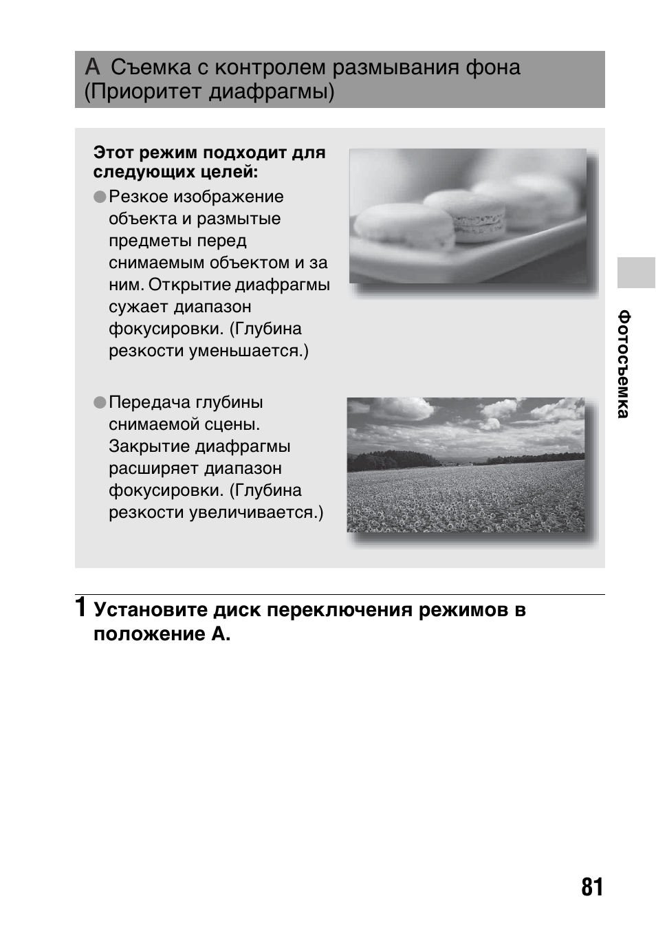 Съемка с контролем размывания фона, Приоритет диафрагмы), Гма (81)