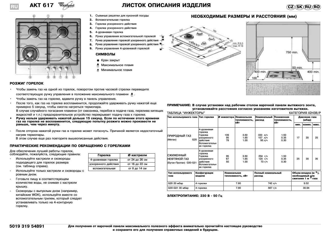 Akt 617 листок описания изделия, Ro ru sk cz, Необходимые размеры и расстояния (мм)