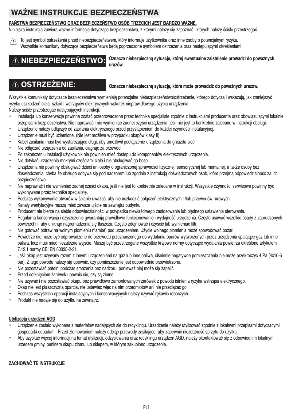 Ważne instrukcje bezpieczeństwa, Ostrzeżenie: niebezpieczeństwo