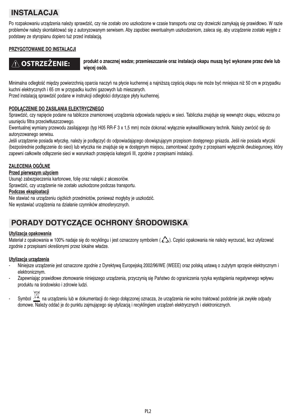 Ostrze enie, Instalacja porady dotyczące ochrony środowiska