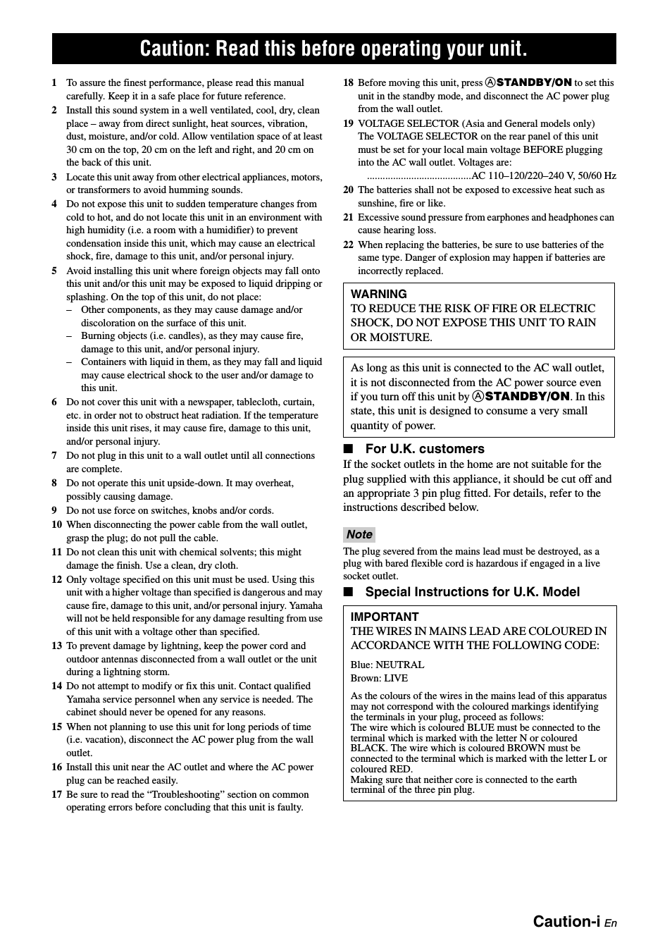English, Caution: read this before operating your unit, Caution-i