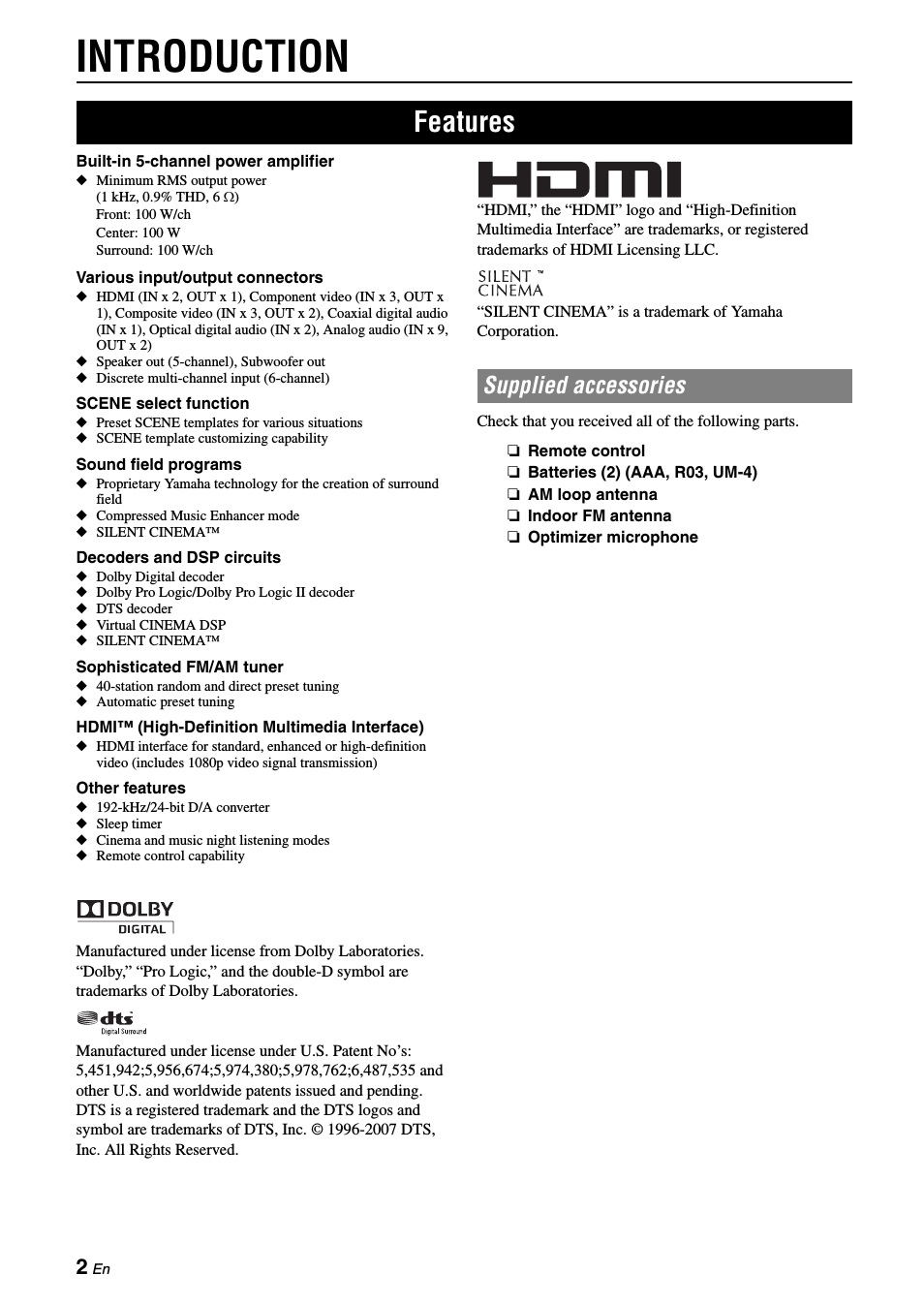 Introduction, Features, Supplied accessories