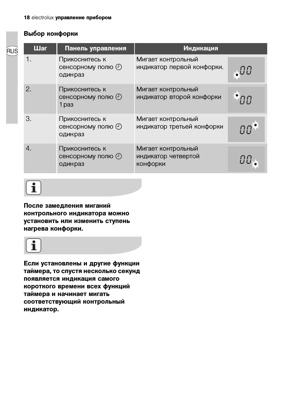  electrolux управление прибором    Выбор конфорки После заме...