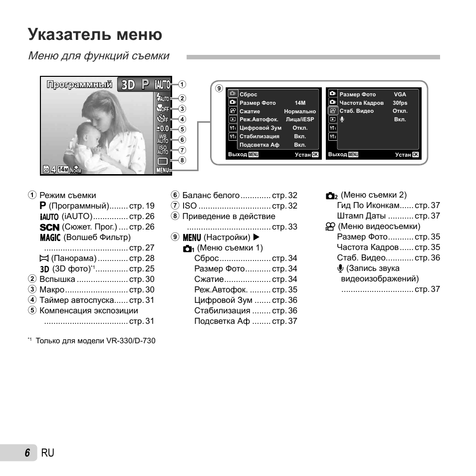 Указатель меню, Меню для функций съемки, 6 ru