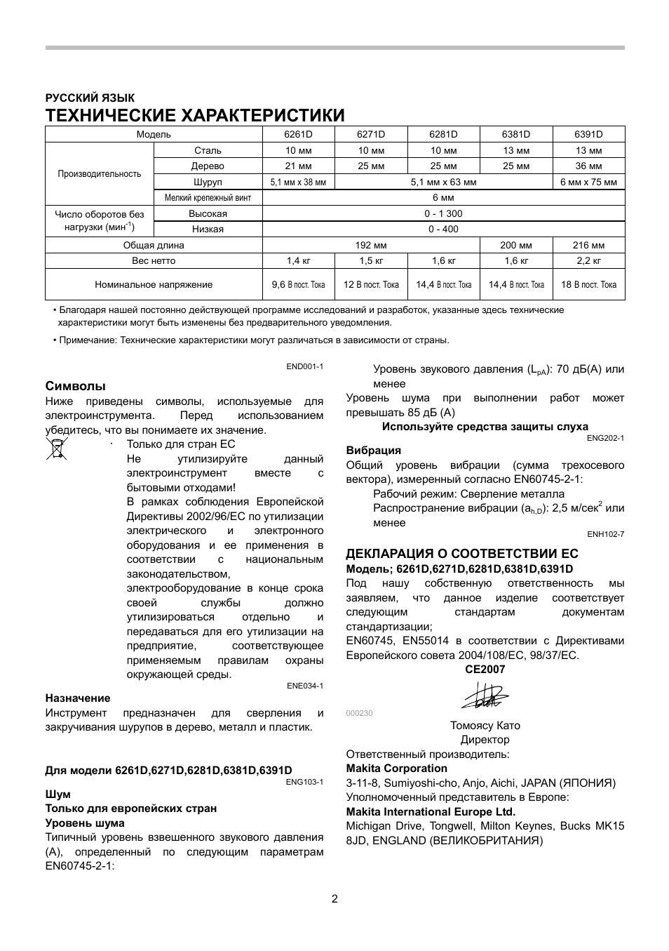 Технические характеристики, Символы, Декларация о соответствии ес