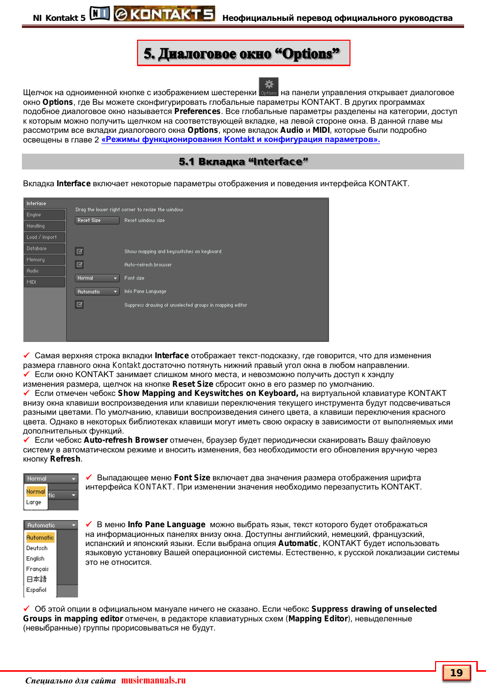 Диалоговое окно "options, 1 вкладка “interface, 2 вкладка “engine