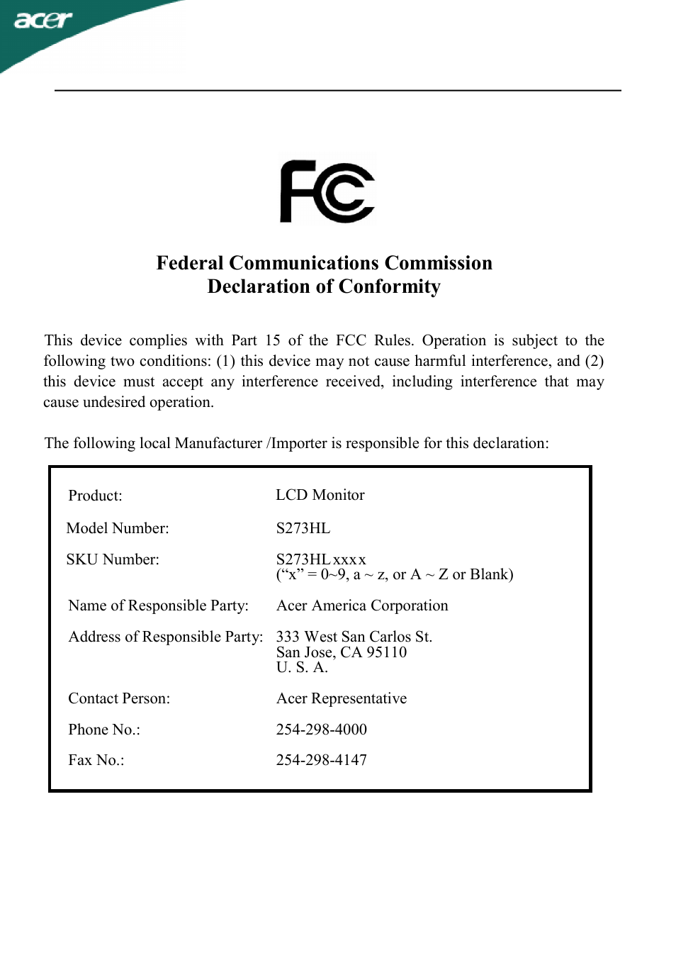 Federal Communications Commission Declaration of Conformity ...