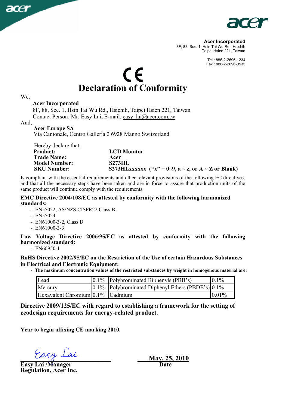 Declaration of conformity, Easy lai /manager date regulation, acer inc