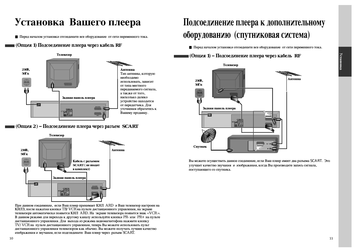 Установка вашего плеера, I (опция 1) подсоединение плеера через кабель кг, Опция 1) - подсоединение плеера через кабель rf