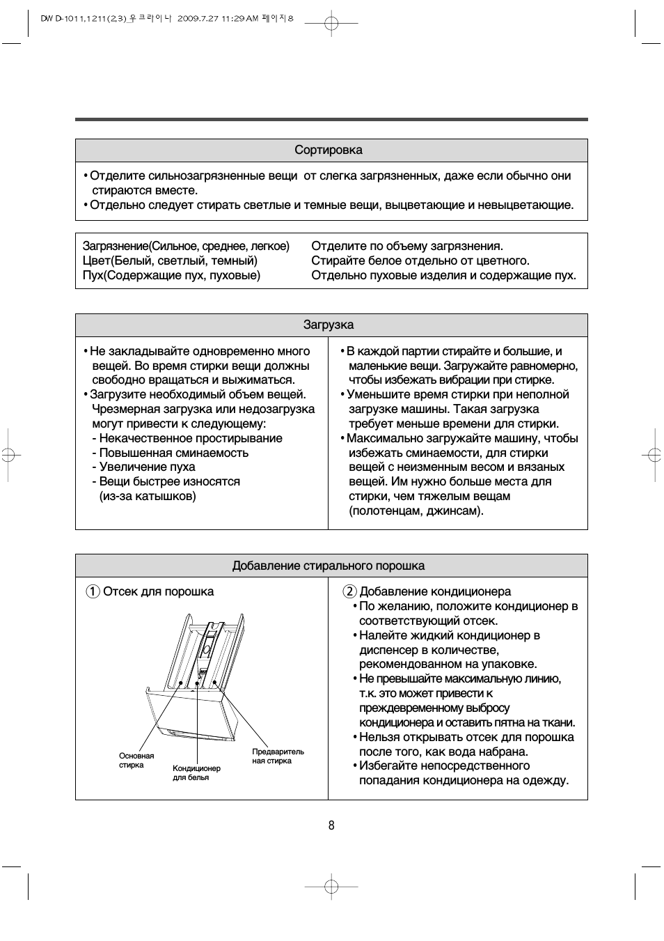  Сортировка Отделите сильнозагрязненные вещи от слегка загря...