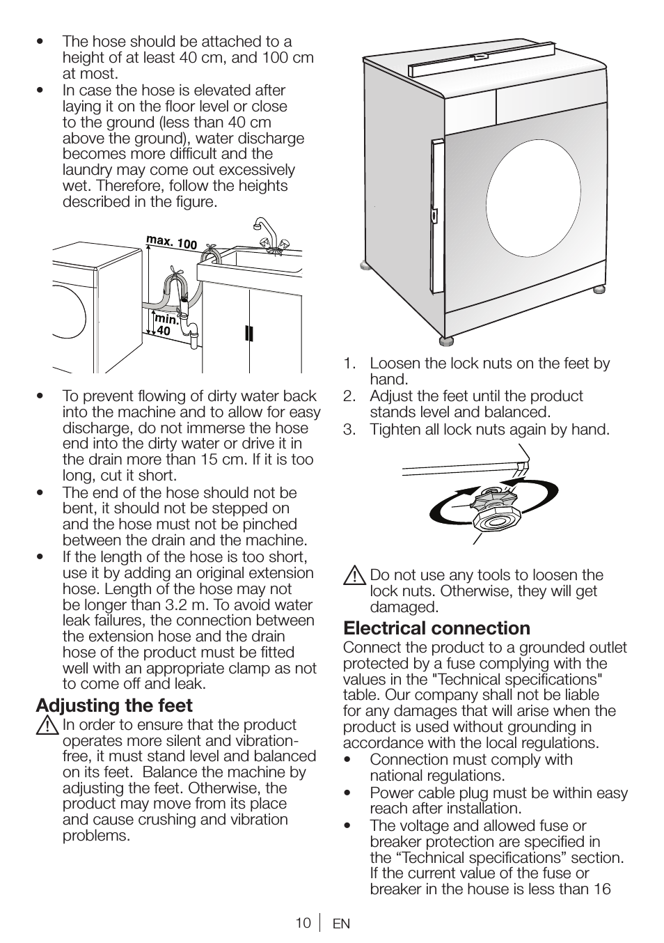 Adjusting the feet, Electrical connection
