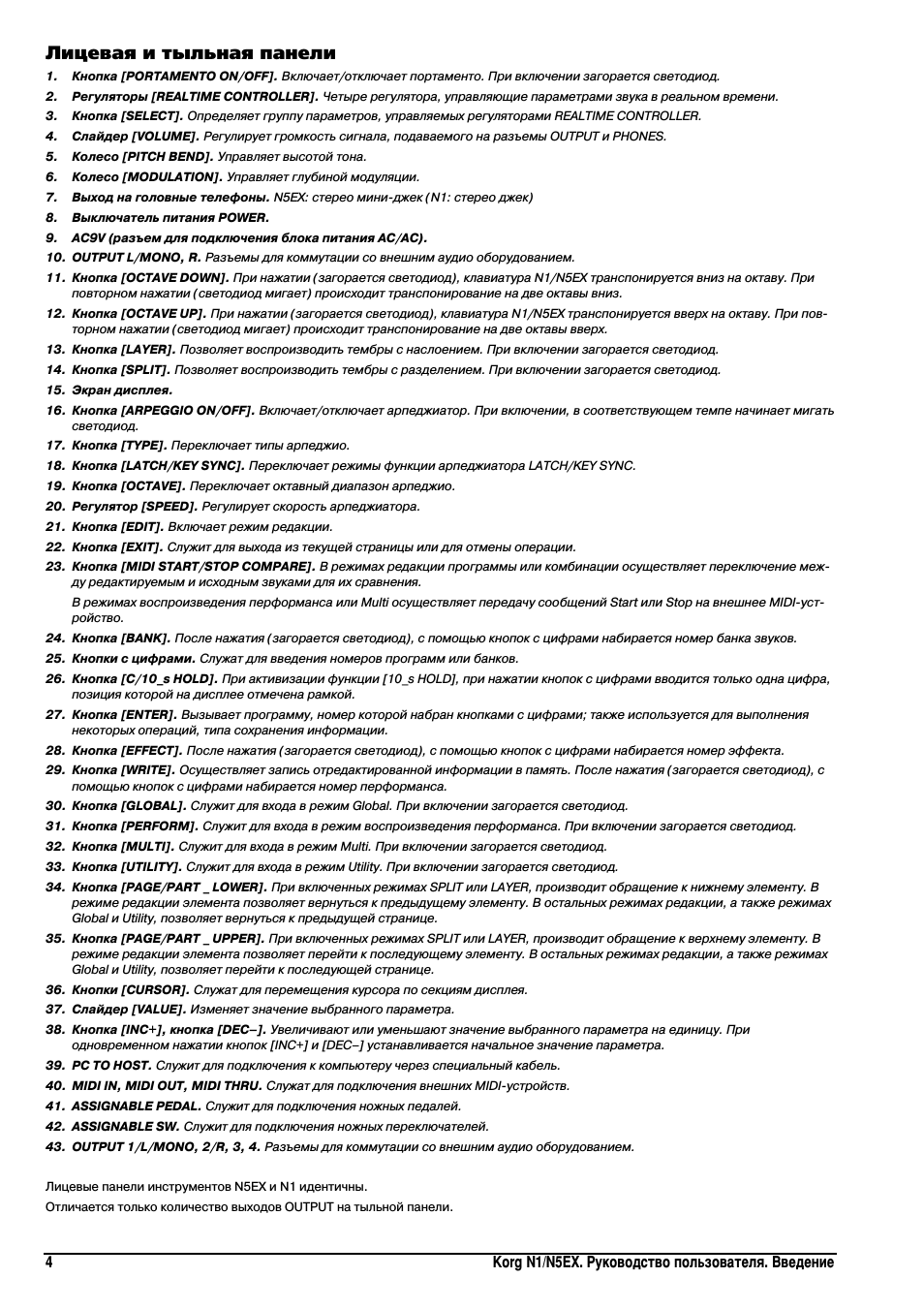 Лицевая и тыльная панели, 4korg n1/n5ex. руководство пользователя. введение