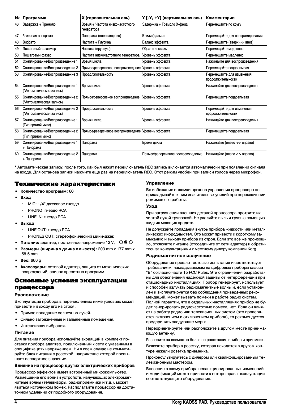Технические характеристики, Основные условия эксплуатации процессора, 4korg kaoss pad. руководство пользователя
