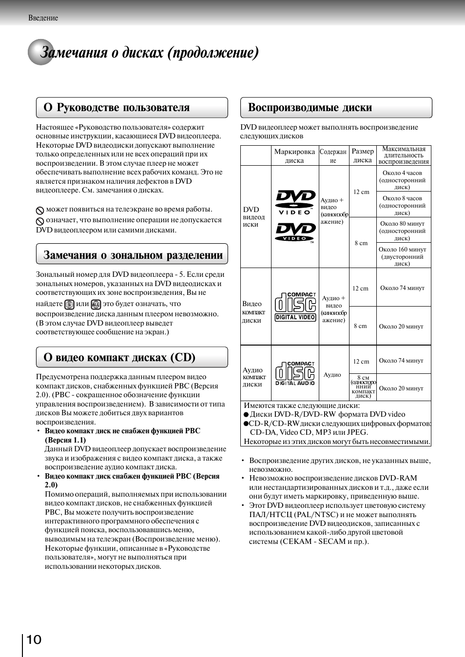 Замечания о дисках (продолжение), Воспроизводимые диски, О руководстве пользователя