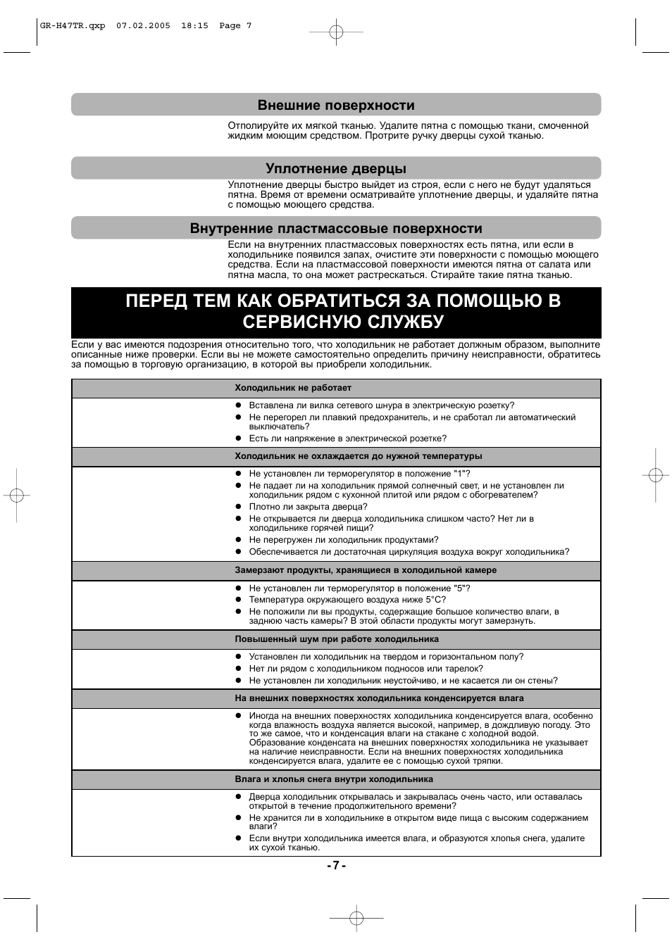 Внешние поверхности, Внутренние пластмассовые поверхности, Уплотнение дверцы