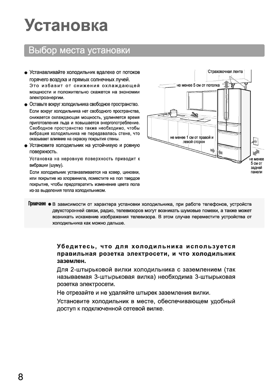 Установка, Устанавливайте холодильник вдалеке от лотоков, Горячего воздуха и лрямых солнечных лучей