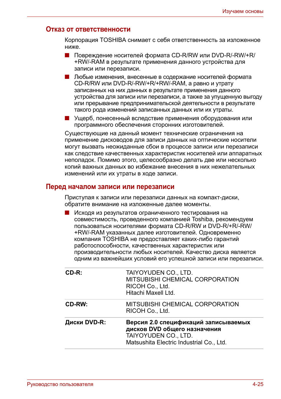 Отказ от ответственности, Перед началом записи или перезаписи