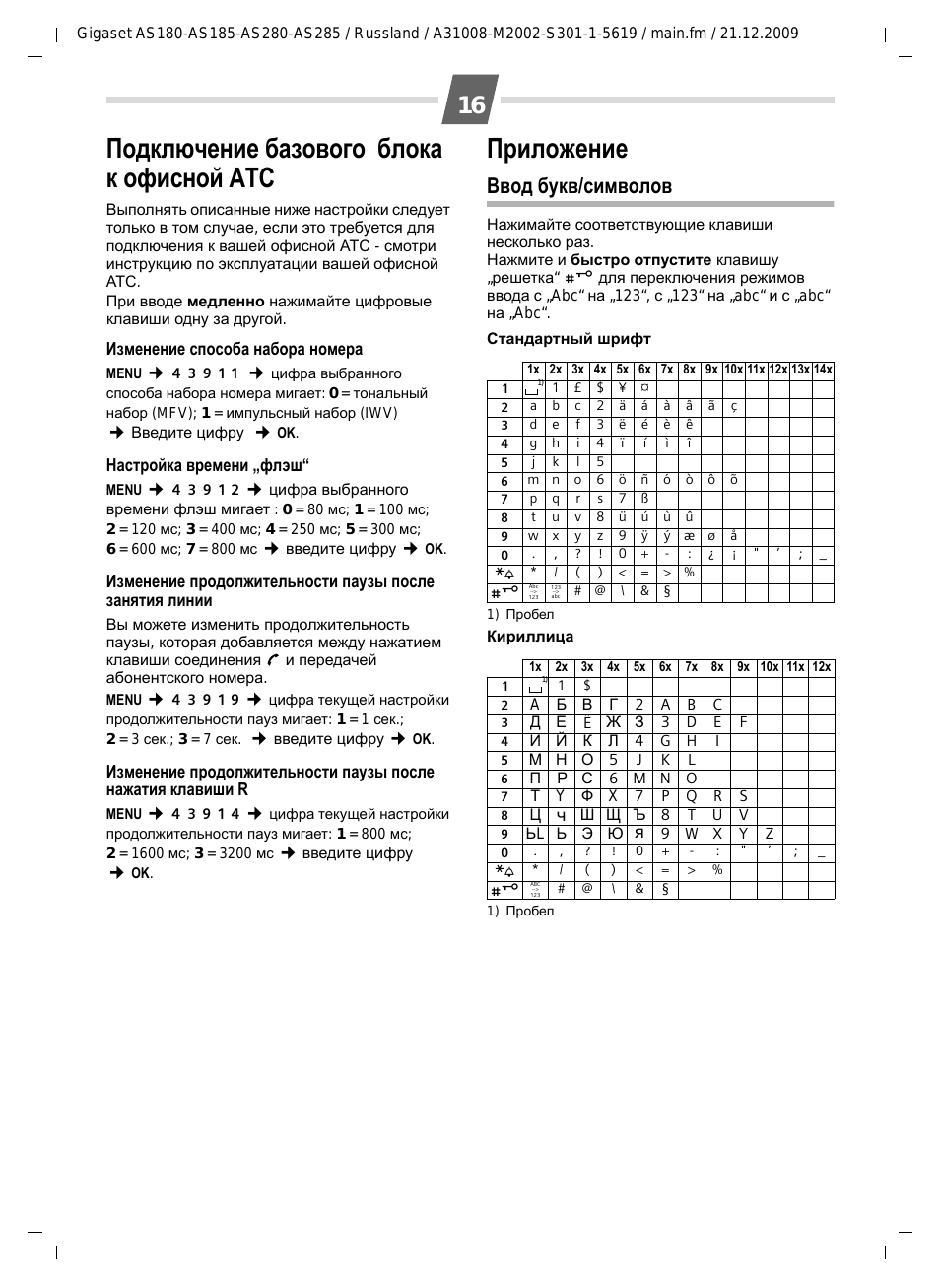 Подключение базового блока к офисной атс, Приложение, Ввод букв/символов