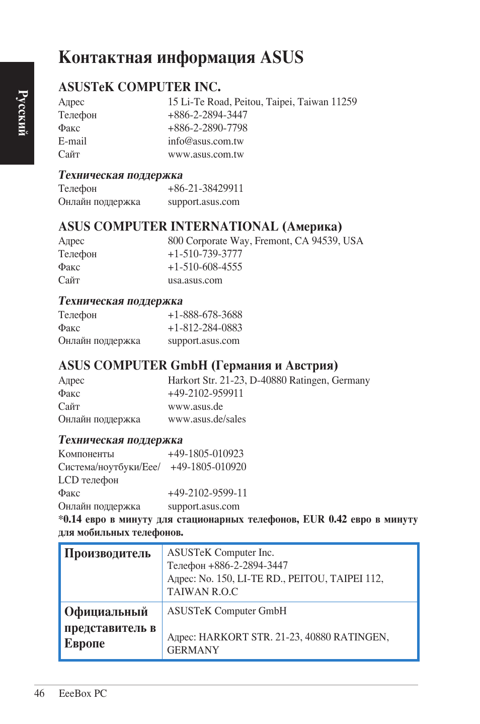 Контактная информация asus, Русский, Asustek computer inc