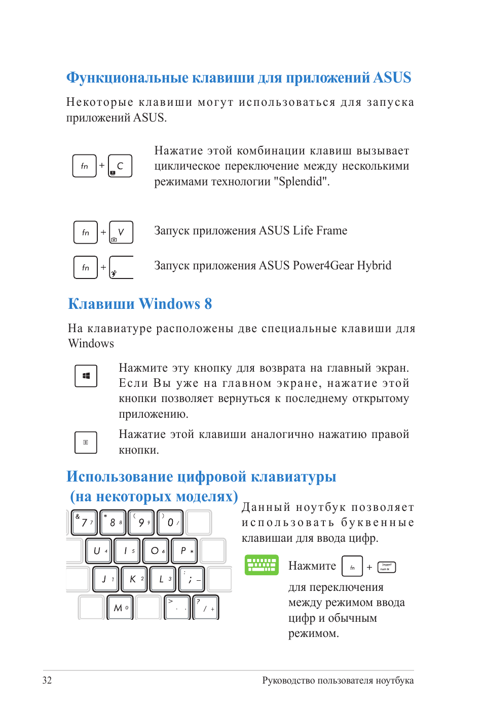 Клавиши windows 8, Функциональные клавиши для приложений asus