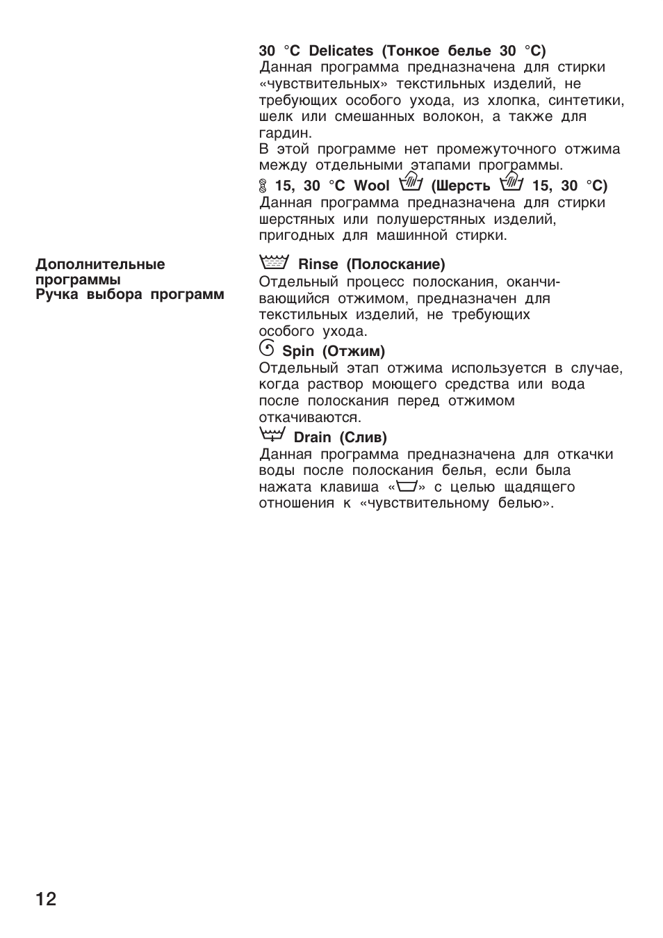 Дополнительные программы Ручка выбора программ ...