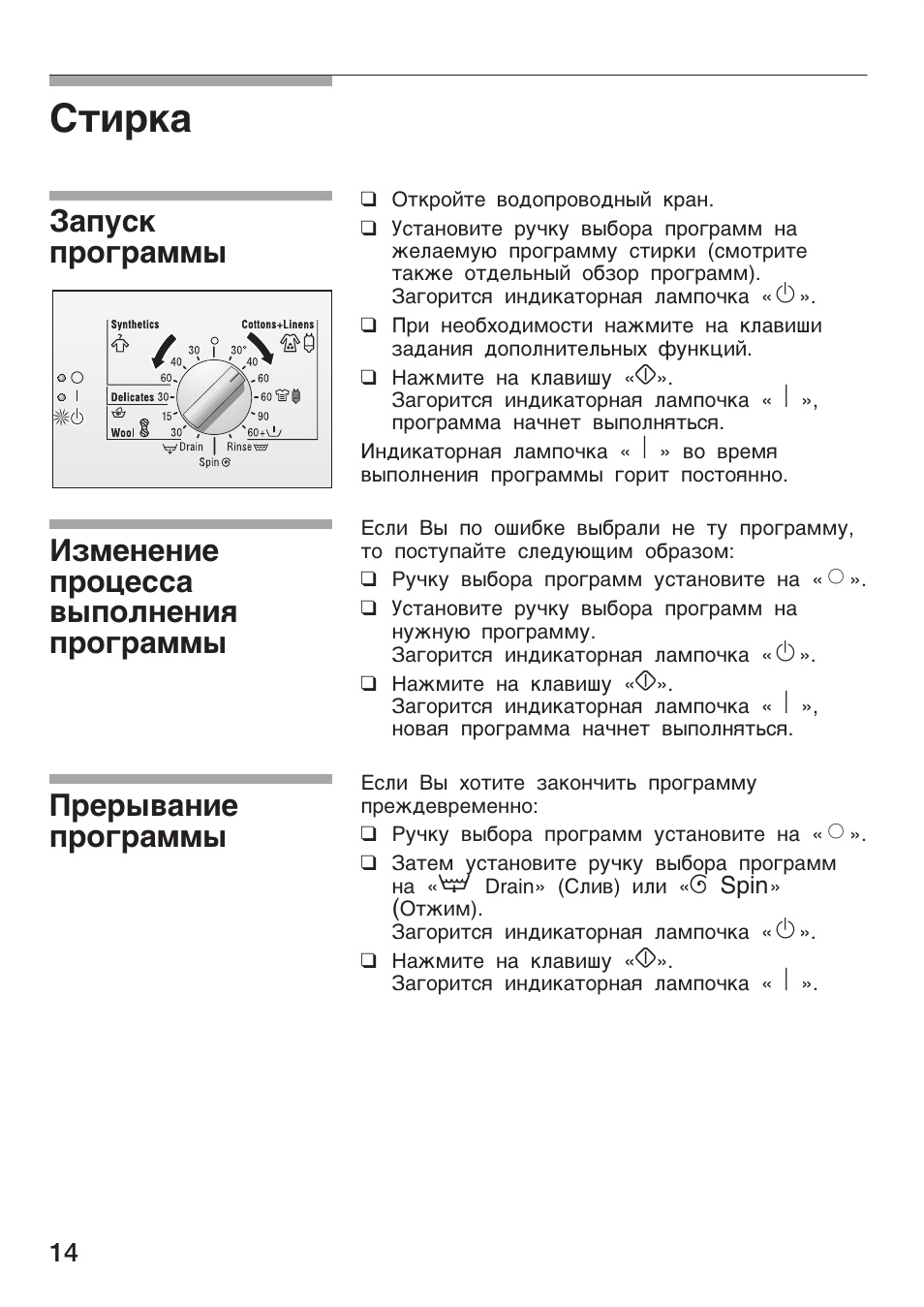 Стирка, Запуск программы, Изменение процесса выполнения программы